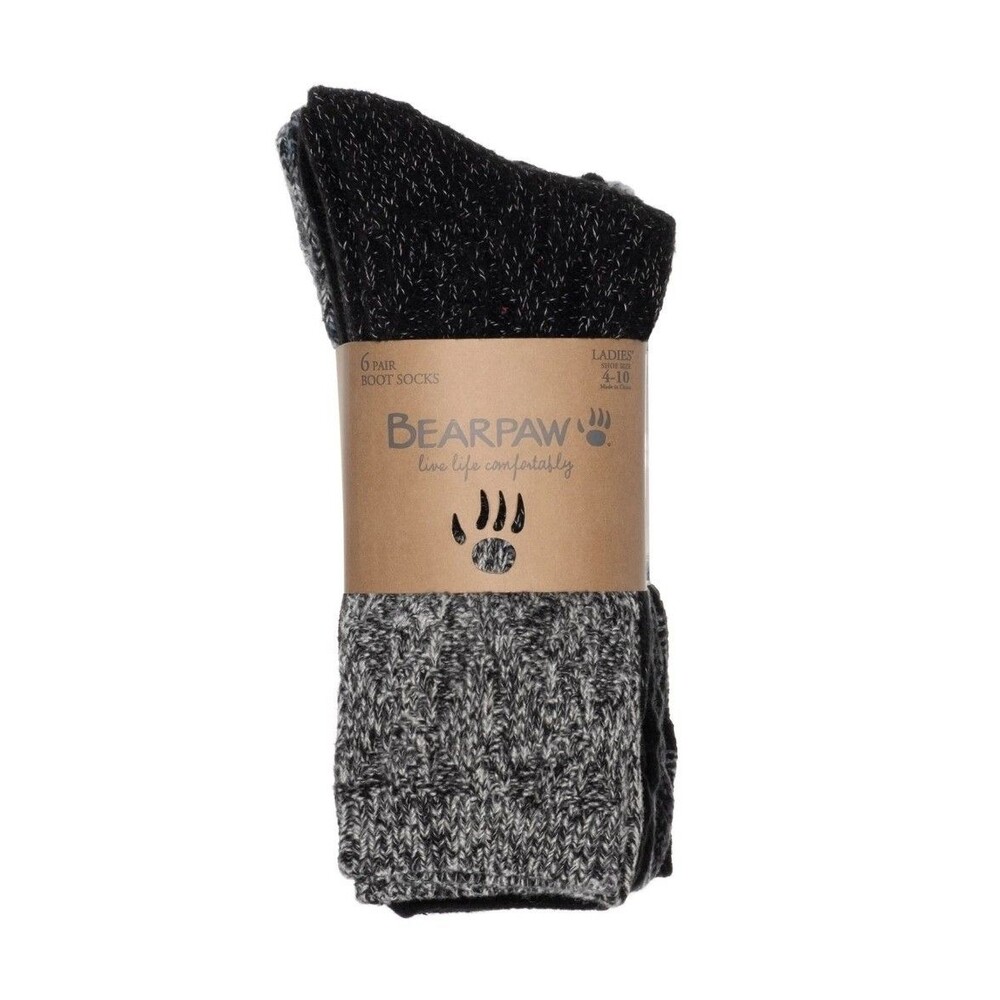 BEARPAW Women's Boot Sock 6-pair Fits Shoe Size 4-10 Super Soft Mid-Calf Black